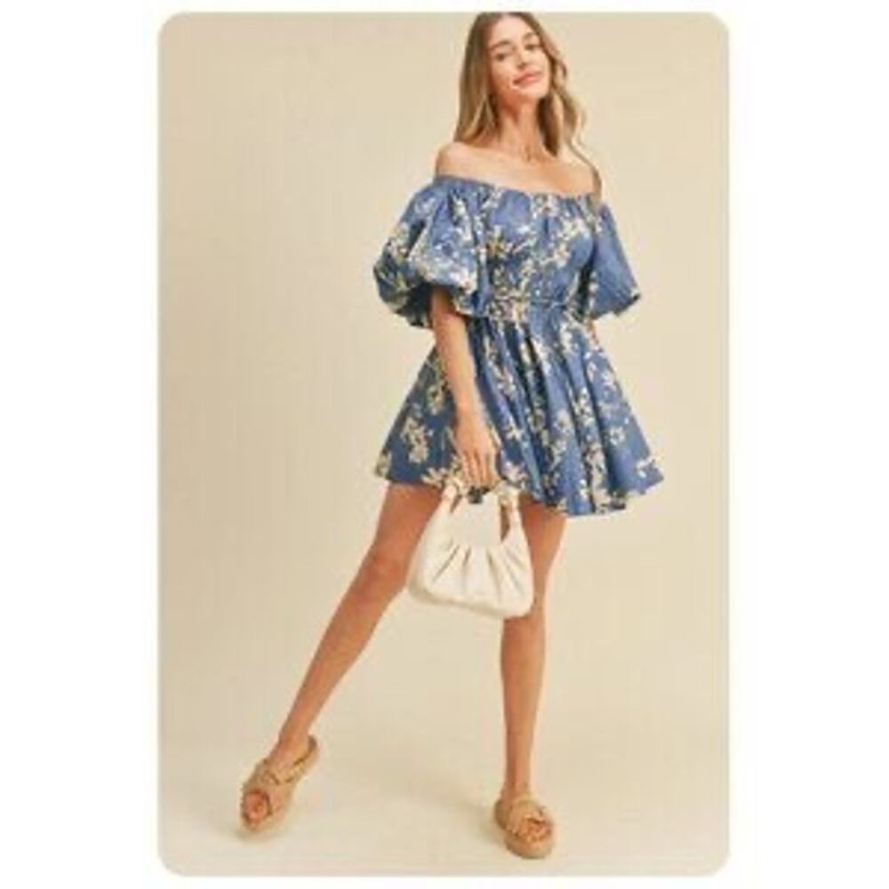 NEW &merci Blue Floral Print Bubble‎ Dress Size Small